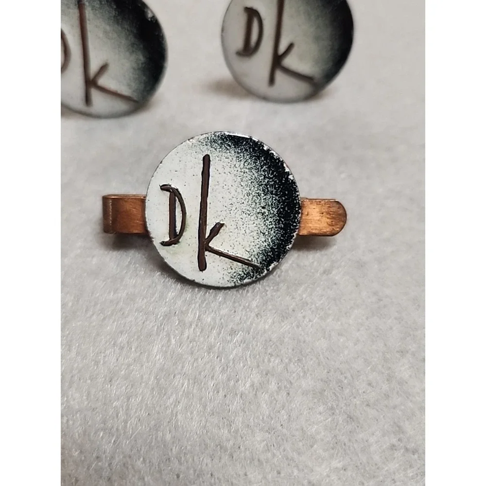 Custom Copper, Intitialed DK, White Painted Cufflinks And Tie Clip